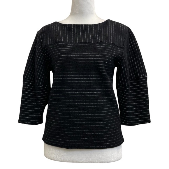 Alice & Olivia Winston Black Pinstripe Half Sleeve Sweater Top - Picture 2 of 11